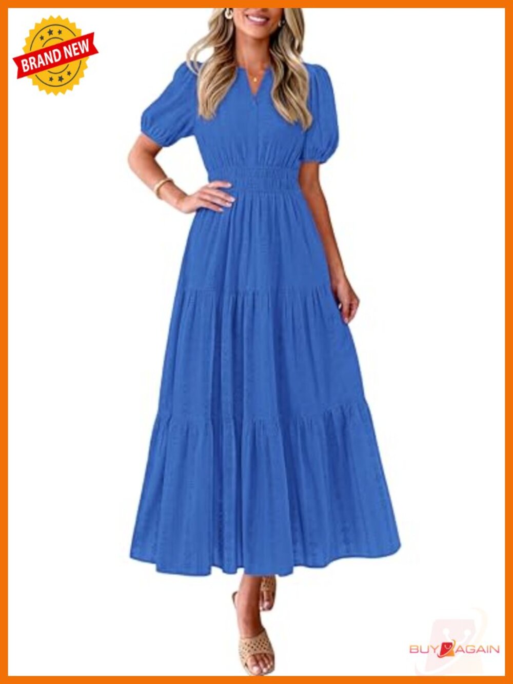 Womens Cotton Eyelet Maxi Dress Puff Sleeve Smocked V Neck Flowy Sundress